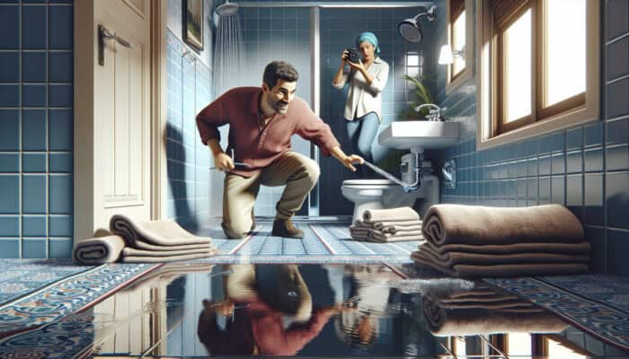 Individual turning off shower, using towels to catch leaks, another documenting and calling for help.