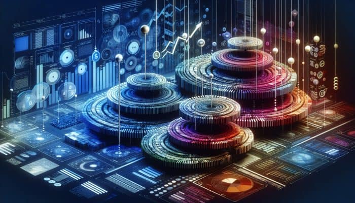 A scale showing fixed and variable interest rates across tiers, with financial graphs and market trends in the background.
