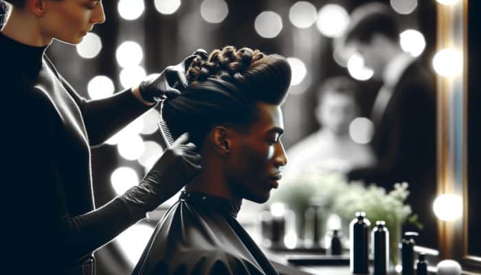 A stylist applies high-quality products to create an elegant festive updo in a chic salon.