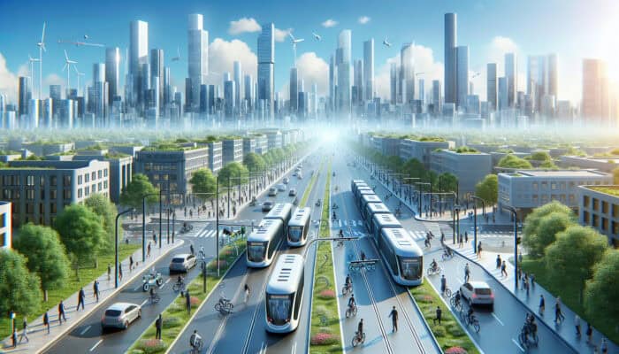 A cityscape with electric buses, bikes, and solar trams, bustling with commuters under a blue sky.