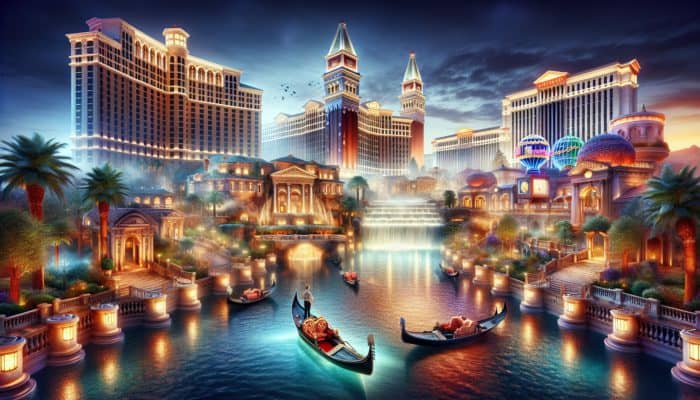 How to Enjoy Vegas Hotels Without Gambling: A luxurious Las Vegas scene with the Bellagio's fountains, Wynn's architecture, and Venetian's gondola rides under neon lights.