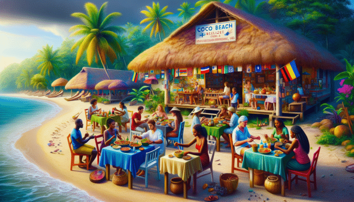 Locals dining at a colorful family-run restaurant in Coco Beach, Belize, enjoying authentic Belizean dishes.