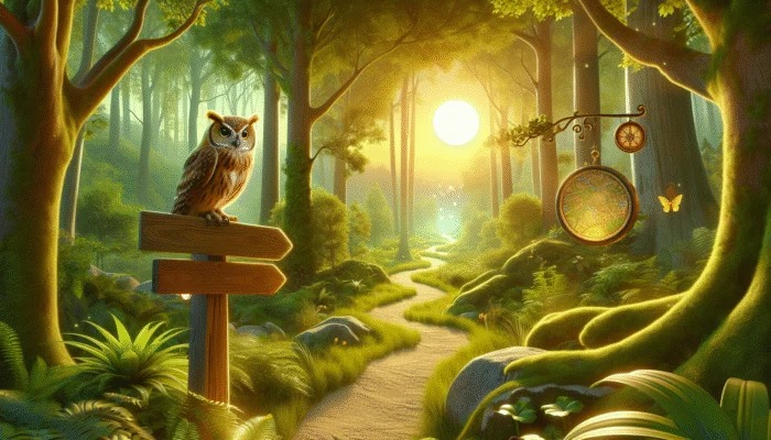 A serene forest path with a wise owl on a signpost and a floating map, symbolizing guidance.