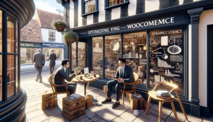 A small business owner optimises WooCommerce setup with expert advice in a historic Blandford Forum shop.