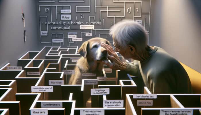 An elderly dog, confused and lost in a familiar home, relies on its owner for guidance due to cognitive decline.