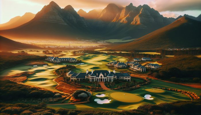 A luxurious South African golf estate with three prestigious courses and views of the Outeniqua Mountains, offering hiking and mountain biking.