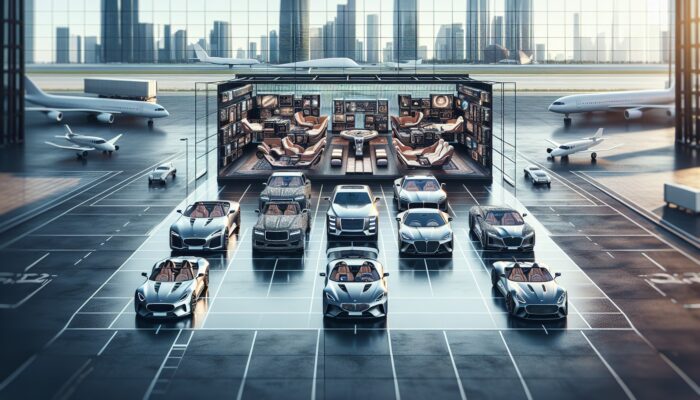 A modern luxury car fleet at an urban airport, featuring convertibles, sedans, SUVs with leather interiors and advanced tech, with a clear pricing sign.