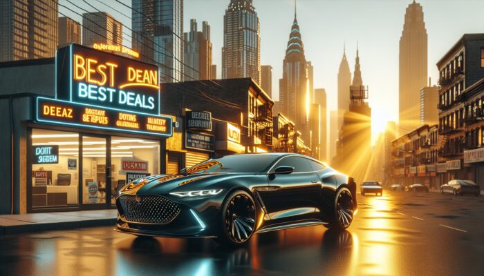 A sleek luxury car at a budget rental office with a 'Best Deals' sign, city at golden hour.