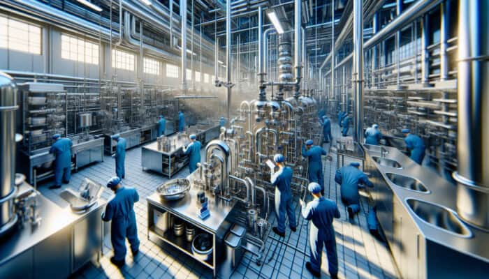 Commercial Plumbing Services in Ladner Delta: Plumbers in blue uniforms maintaining stainless steel sinks and pipes in a bustling commercial kitchen.