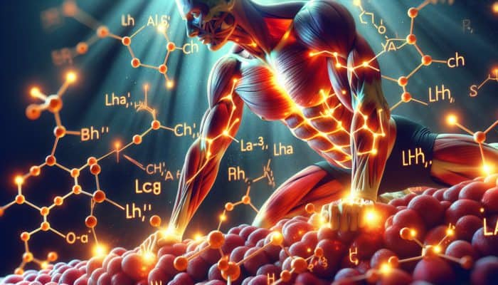 Beta-Alanine Performance Studies: Illustration of muscle tissue with glowing carnosine molecules buffering lactic acid during intense workout, highlighting beta-alanine's role.