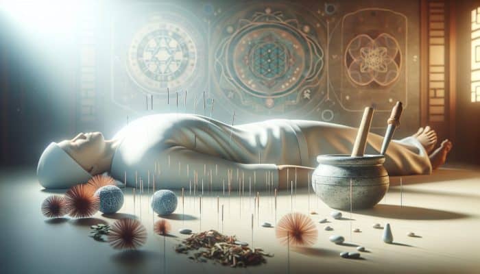 Acupuncture For Alcohol Dependency: A serene acupuncture treatment scene with ultra-fine needles and traditional Chinese medicine symbols promoting healing.