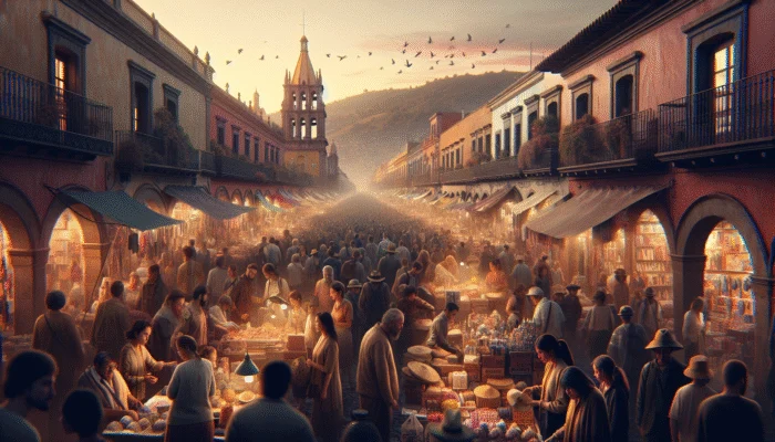 Tourists navigating crowded San Miguel de Allende street at dusk, wary of theft and scams.