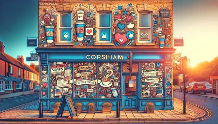 A bustling Corsham street with a coffee shop showcasing customer stories and event posters on its windows.