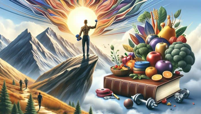 A person on a mountain, surrounded by growth symbols like books, weights, and food, with a rising sun.