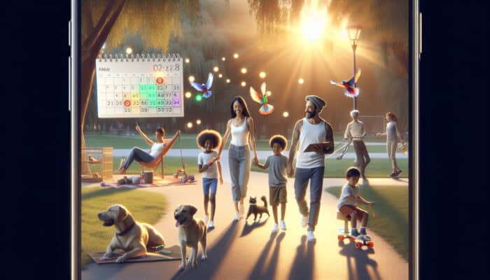 A family enjoying a walk with their pets in a park at sunset, using a smartphone for reminders.