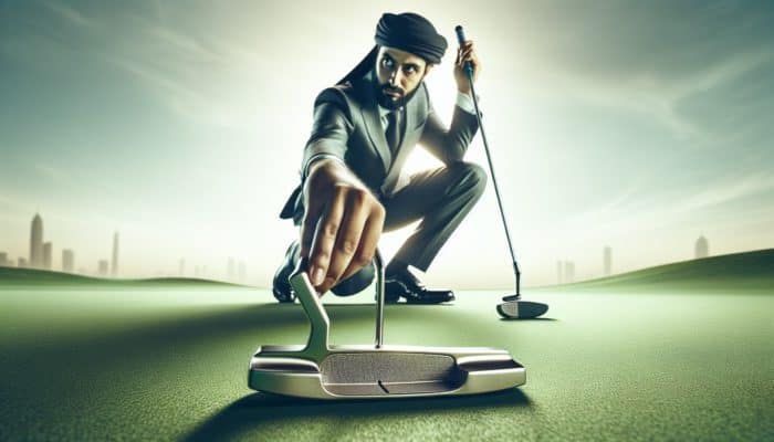 Top Putters for Improving Accuracy: A golfer using a sleek, compact head putter on a green, with a larger head putter nearby.