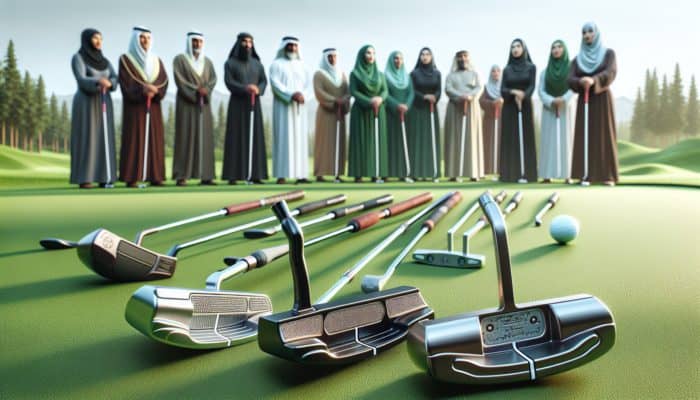 Various high-quality golf putters on a lush green, analyzed by expert golfers for accuracy.