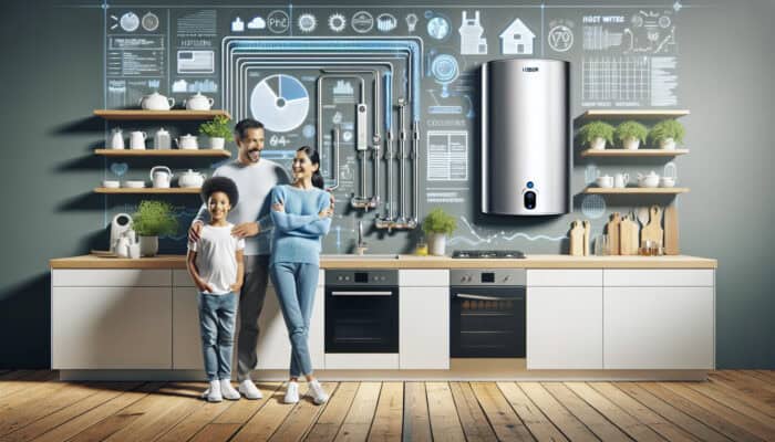 A modern kitchen in Kitsilano with a tankless water heater, showing a happy family enjoying instant hot water and lower bills.