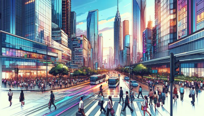 A vibrant Delmas cityscape showcasing modern infrastructure, diverse demographics, and economic growth through construction and bustling commerce.