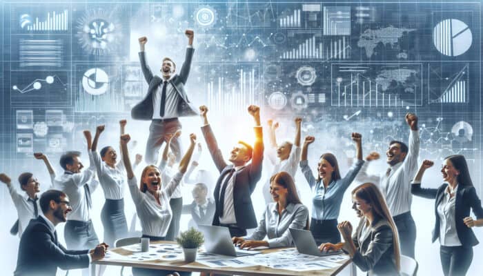 A modern office scene showing a thriving business with a stable, skilled workforce collaborating and celebrating success.