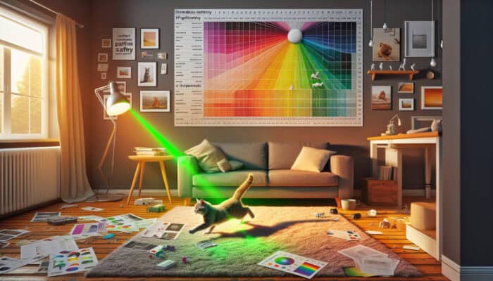 A cat chasing a green laser dot in a living room, with a poster on safe laser use.