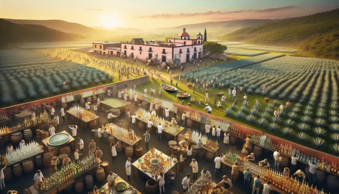 A vibrant tequila tour in Mexico with agave fields at sunset, historical distillery, master distillers, and tasting rare tequilas with local food.