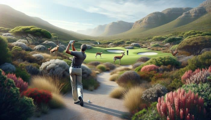 Golfer aiming right on South African par-4 to avoid water hazard, surrounded by fynbos, gravel, and wildlife.