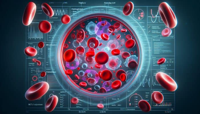 Full Blood Count Test in Blyth: Microscopic blood sample showing labelled red and white cells, platelets, and key blood count measurements.