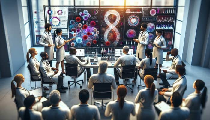 Diverse healthcare team in Blyth analysing full blood count results with modern equipment and charts.