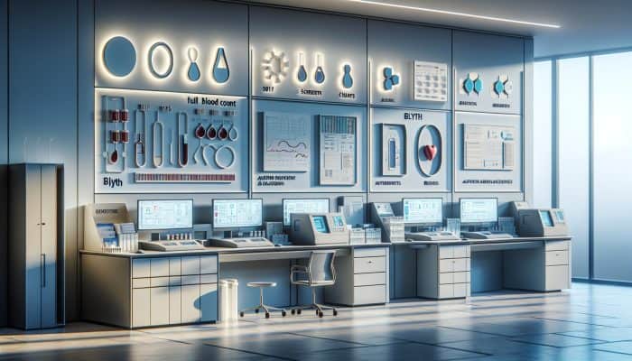 Modern laboratory in Blyth with advanced automated blood analysers and screens showing precise full blood count results.