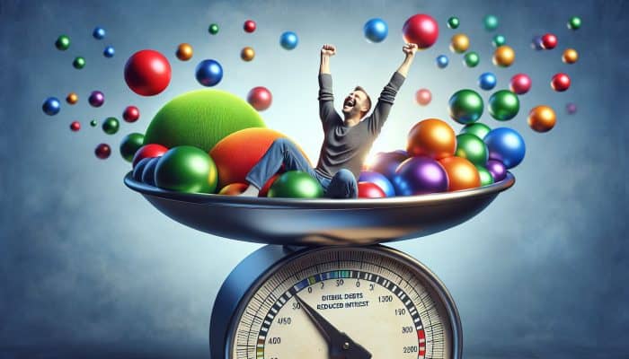 Person in the UK smiling, relieved after consolidating debts into one loan with lower interest, simplifying finances.