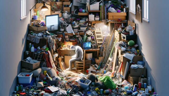 Strategies for Clearing Hoarded UK Homes: A cluttered UK home symbolising hoarding causes like emotional attachment, trauma, and OCD, with a person struggling amidst possessions.