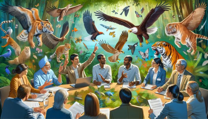 A group of experts in a forest discussing biodiversity support strategies with charts and wildlife illustrations.