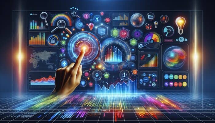 A digital dashboard with graphs and charts, expert hands pointing at click-through rate metrics, surrounded by magnifying glass and light bulb icons.