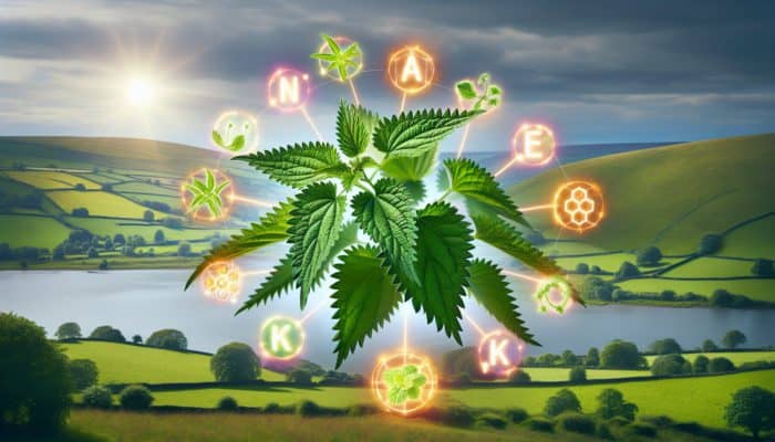 Herbs for Glowing Skin Naturally: A vibrant nettle plant with lush green leaves in a UK landscape, surrounded by glowing vitamins A, C, K, and B, soothing inflamed skin.