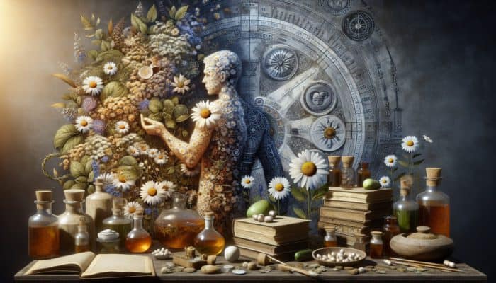 An ancient apothecary scene with chamomile flowers and remedies soothing skin rash and inflammation.