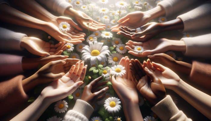 Chamomile flowers in soft light, diverse hands touching petals, symbolizing skincare safety and versatility.