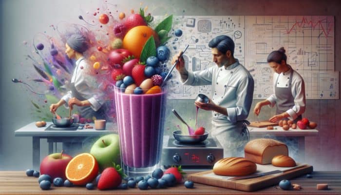 A kitchen scene showing a professional making a smoothie and another person cooking eggs and toasting bread quickly.