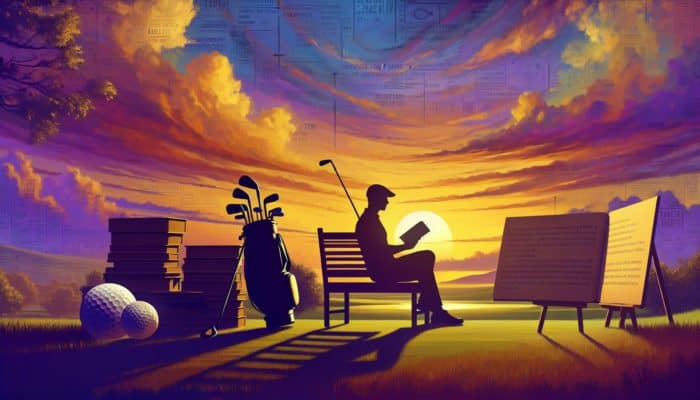 A serene golf course at sunset with an open book on a bench, surrounded by golf literature and a reading golfer's silhouette.