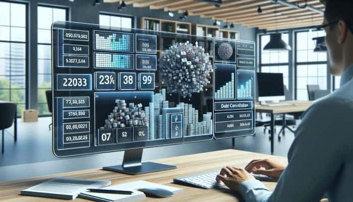 Person comparing debt consolidation loan calculators on computer, with graphs and data in modern office.