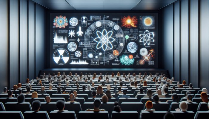 Documentary on atomic history in museum theater, audience engaged in discussion and note-taking.