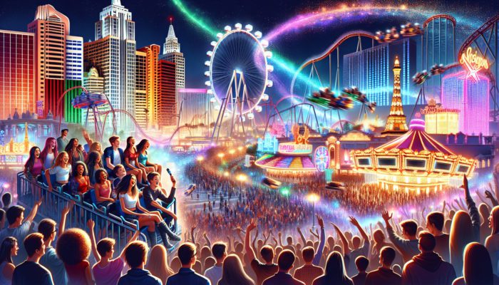 Teenagers enjoying thrilling rides and shows under dazzling Las Vegas night lights.