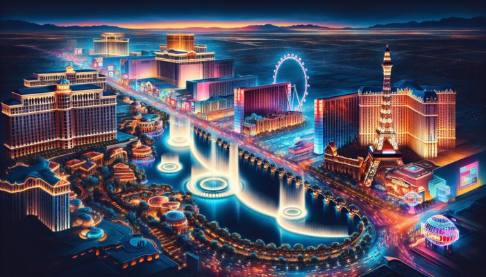 A nighttime scene of Las Vegas with the Bellagio Fountains, High Roller, and neon-lit Strip.