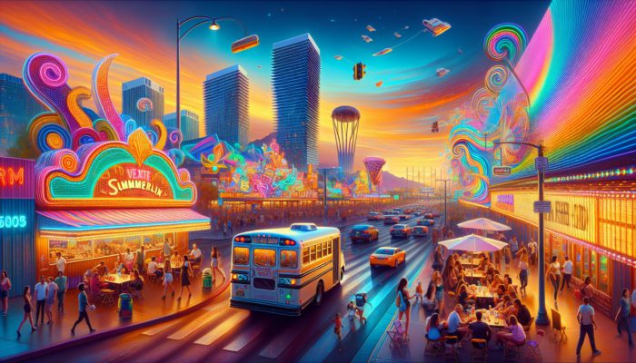 Locals enjoying Summerlin food truck, Neon Boneyard art, and Deuce bus at sunset in Las Vegas.