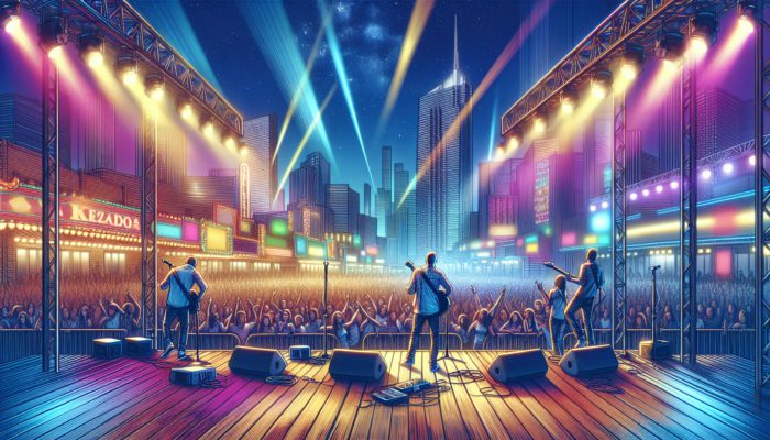 A vibrant scene at the LINQ Promenade with a lively crowd enjoying a free concert by a local band, set against the Vegas skyline.