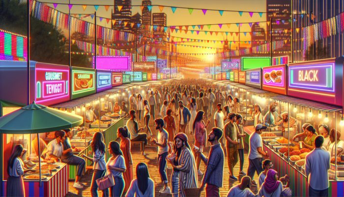 A vibrant Las Vegas street festival at dusk with colorful food stalls and diverse crowds.