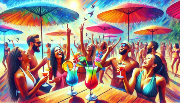 Friends enjoying jive turkey cocktails at a lively outdoor day party with colourful umbrellas.