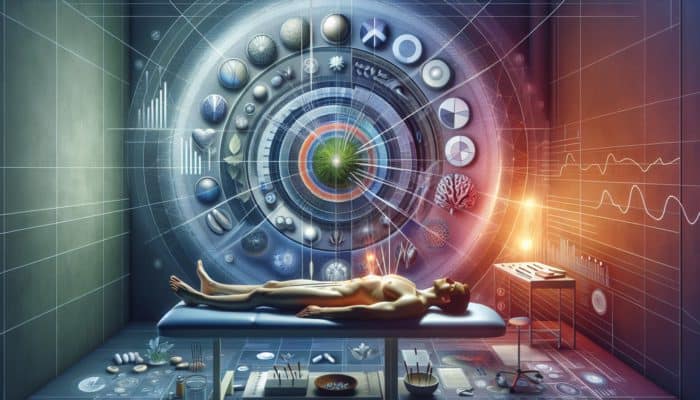 A serene acupuncture session in a modern UK clinic, with a gout patient experiencing relief, surrounded by charts and case studies.