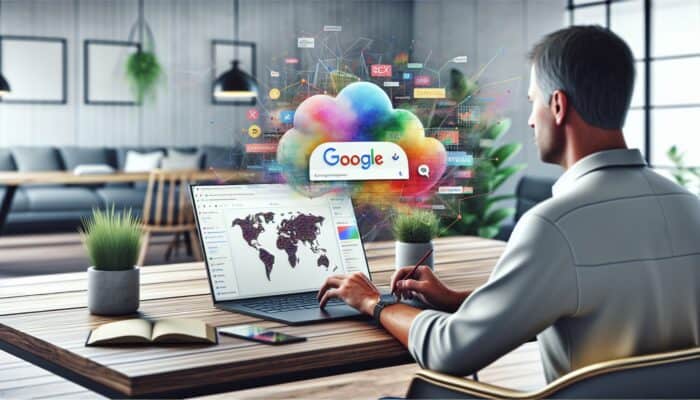 A digital marketer optimising Google My Business on a laptop, with SEO keywords and a local map in an office.