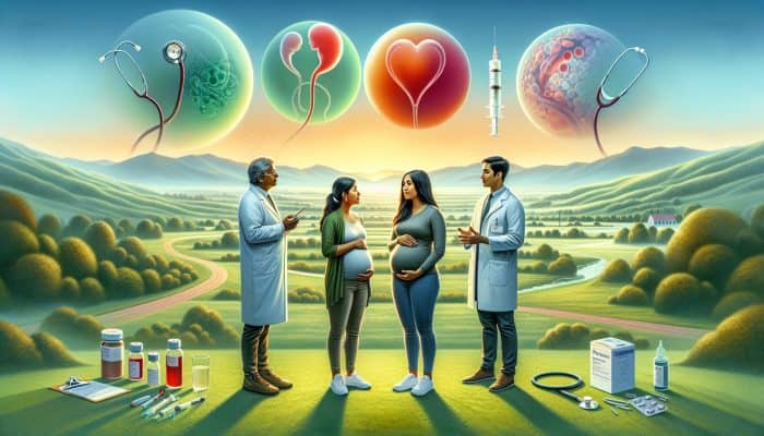 Pregnancy Blood Test in Sandhurst: A pregnant woman in Sandhurst receiving medical advice on blood tests, surrounded by pregnancy symbols.